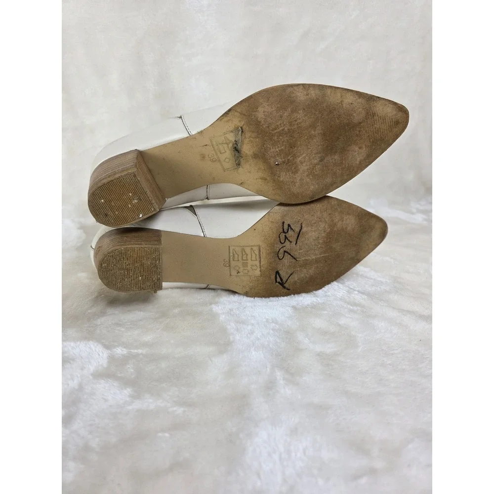 White Leather Pointed Toe Ankle Boots Western Block Heel Bootie‎ Women's Size 39